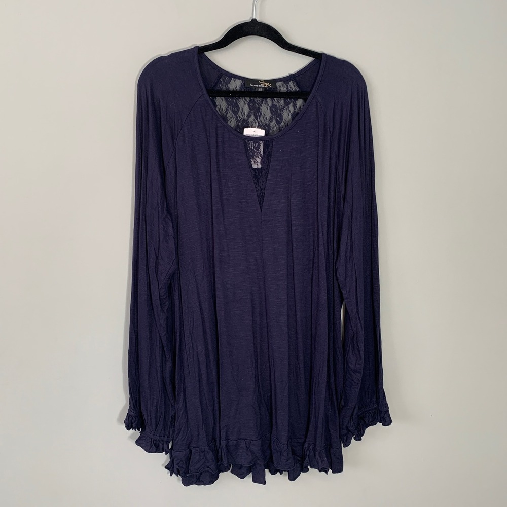NEW Suzanne Betro Navy Blue Lace Trim Long Sleeve Blouse Top‎ Plus Size 4X
